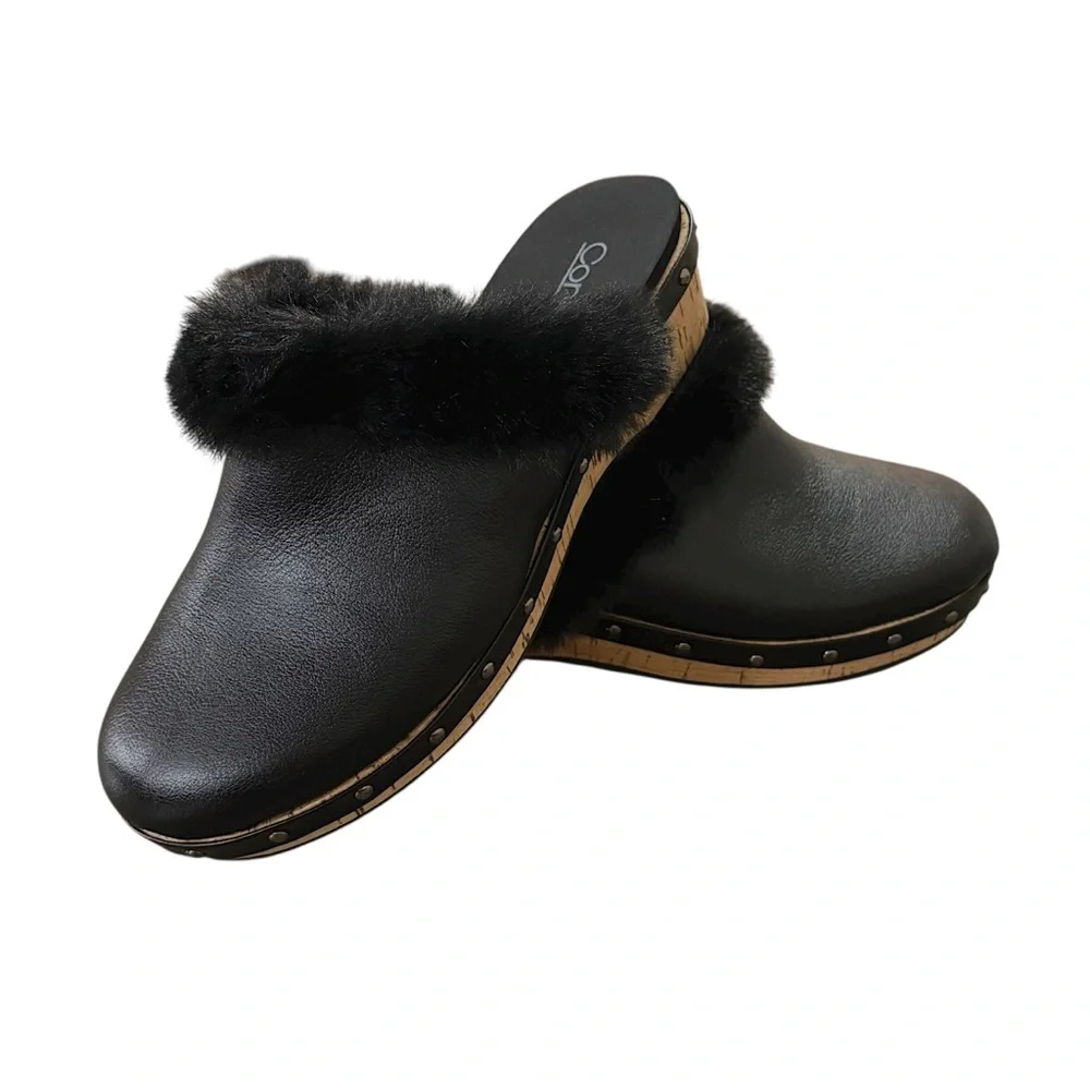 CORKYS Women's Just Fur Fun Black Wedge Slip On Fur Lined Studded Mules 10 New
